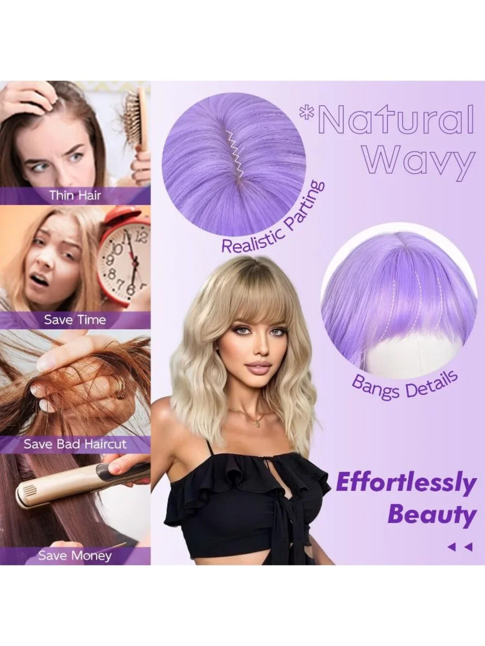 Women's Purple 14 Inch Natural Synthetic Short Curly Wavy Fiber Wigs